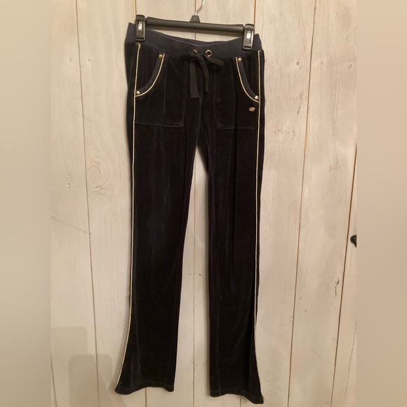 Vintage‎ Y2K Juicy Couture Velvet Pants Womens Size P Black & Gold Trim Joggers - Picture 1 of 7